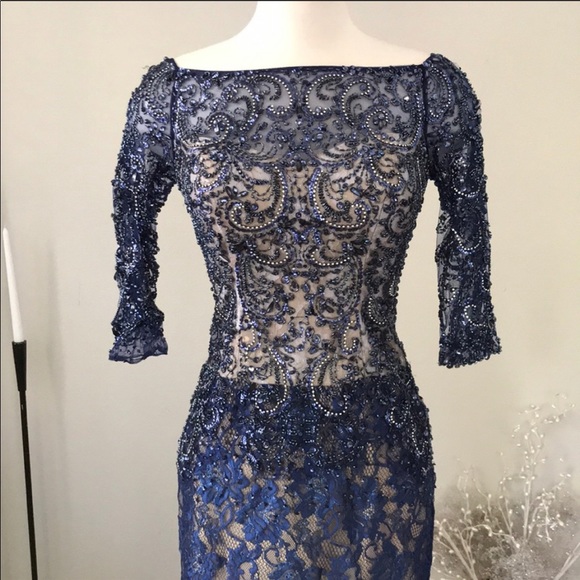 Mac Duggal couture blue sleeve lace gemstone gown - Picture 3 of 8